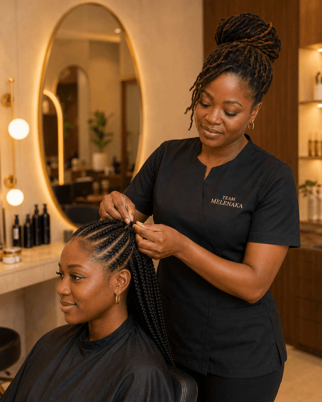 Coiffeuse réalisant des tresses sur une cliente dans un salon Melenaka