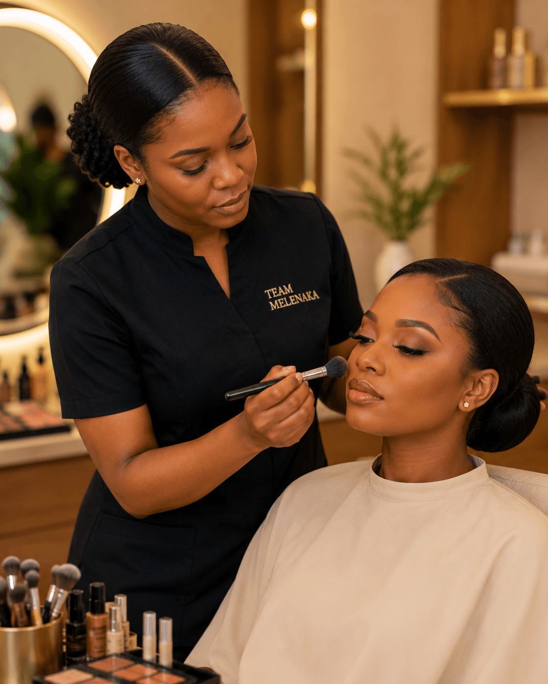 Maquilleuse appliquant un maquillage sur une cliente dans un salon Melenaka