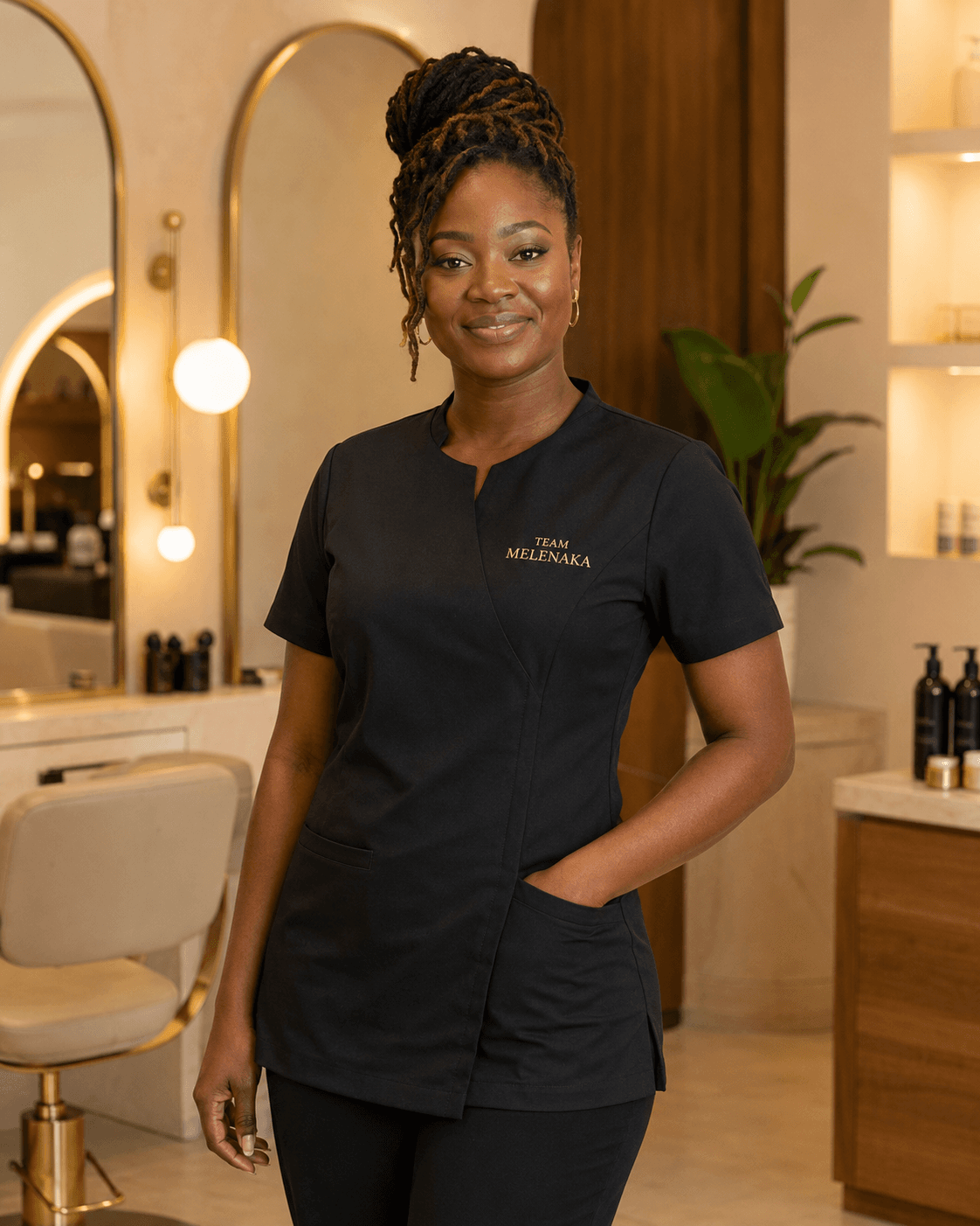 Professionnelle de beauté Melenaka portant l'uniforme noir de l'équipe dans un salon chaleureux.